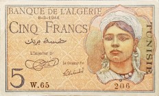 Banconote. Estere. Algeria. Sovrastampato Tunisia. 5 Franchi. 08/02/1944.