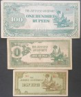 Banconote. Estere. Burma. Occupazione Giapponese. Lotto di 3 banconote. 100, 1 e 0,5 Rupia.