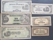 Banconote. Estere. Filippine. Occupazione Giapponese. Lotto di 6 banconote. 2 da 10 Pesos, 1 Peso e 10, 5 e 1 Centavos.