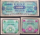 Banconote. Estere. Francia. Lotto di tre banconote da 100, 10 e 2 Franchi.