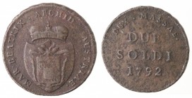 Massa di Lunigiana. Maria Beatrice d'Este Cybo Malaspina. 1790-1796. 2 soldi 1792. Ae.