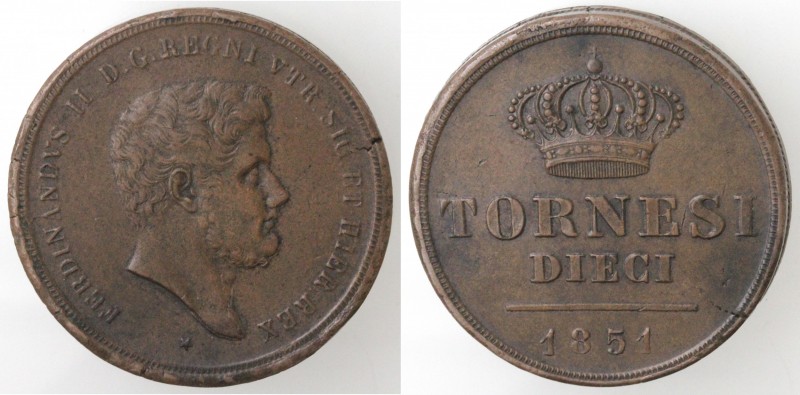 Zecche Italiane. Napoli. Ferdinando II. 1830-1859. 10 Tornesi 1851. Ae. Mag. 683...