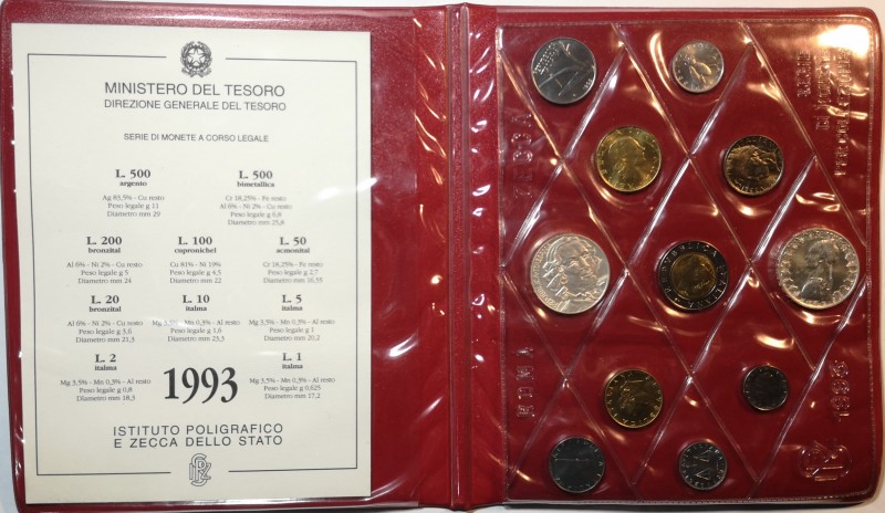 Repubblica Italiana. Serie divisionale 1993. 11 valori con 500 lire e 500 Lire G...