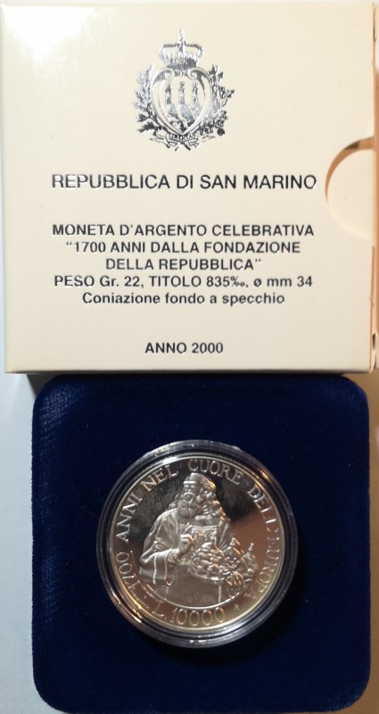 San Marino. 10.000 Lire 2000. 1700 Anni dalla Fondazione della Repubblica. Ag. I...