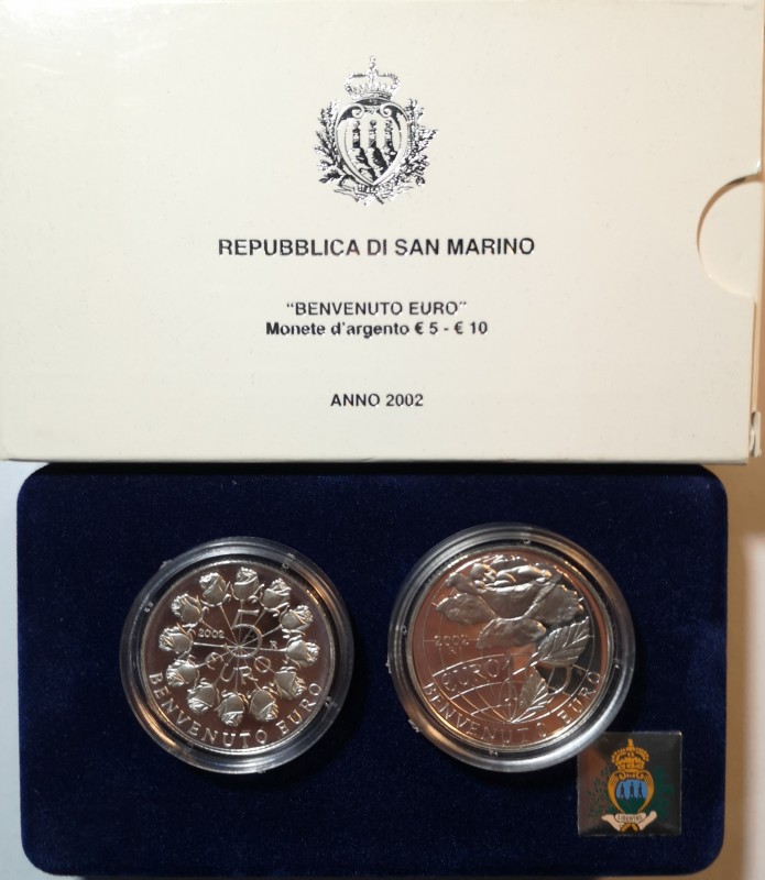 San Marino. Dittico 5 Euro + 10 Euro 2002. Ag. Benvenuto Euro. Confezione Origin...