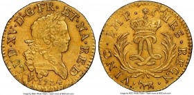 Louis XV gold Louis d'Or Mirliton de Bearn 1724-(cow) UNC Details (Bent) NGC, Pau mint, KM474, Gad-339a (R4). Large palms variety. Light adjustment ma...