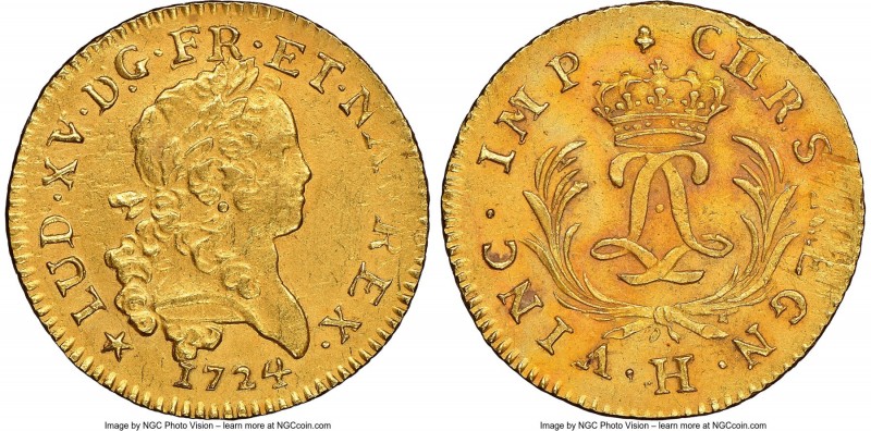 Louis XV gold Louis d'Or Mirliton 1724-H UNC Details (Saltwater Damage) NGC, La ...