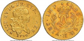 Louis XV gold Louis d'Or Mirliton 1724-H UNC Details (Saltwater Damage) NGC, La Rochelle mint, KM470.8, Gad-339 (R). Large palms variety. Slightly wea...