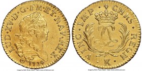 Louis XV gold Louis d'Or Mirliton 1724-K UNC Details (Saltwater Damage) NGC, Bordeaux mint, KM470.10, Gad-339. Large palms variety. Touches of golden ...