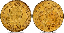 Louis XV gold Louis d'Or Mirliton 1724-L UNC Details (Saltwater Damage) NGC, Bayonne mint, KM470.11, Gad-339 (R). Large palms variety. Light adjustmen...