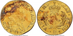 Louis XV gold Louis d'Or Mirliton 1724-M UNC Details (Saltwater Damage) NGC, Toulouse mint, KM470.12, Gad-339. Large palms variety, with the "N" widel...