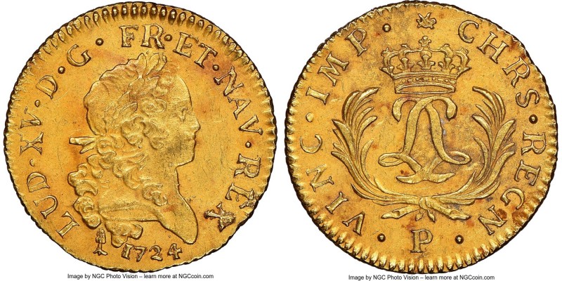 Louis XV gold Louis d'Or Mirliton 1724-P UNC Details (Saltwater Damage) NGC, Dij...