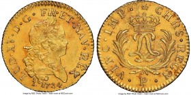 Louis XV gold Louis d'Or Mirliton 1724-P UNC Details (Saltwater Damage) NGC, Dijon mint, KM470.15, Gad-339 (R2). Large palms variety. Sharply struck, ...