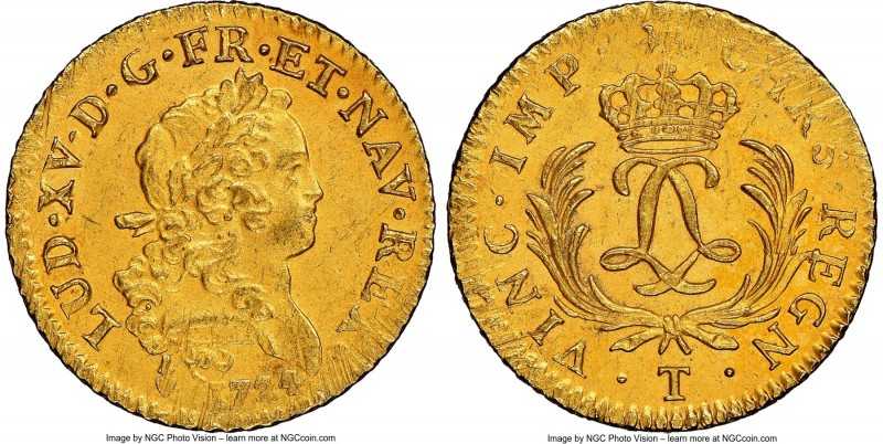 Louis XV gold Louis d'Or Mirliton 1724-T UNC Details (Saltwater Damage) NGC, Nan...