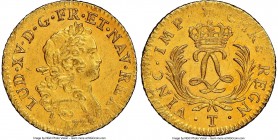 Louis XV gold Louis d'Or Mirliton 1724-T UNC Details (Saltwater Damage) NGC, Nantes mint, KM470.19, Gad-339 (R). Large palms variety. Sharply struck, ...