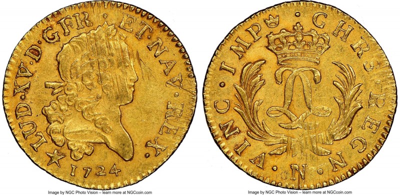 Louis XV gold Louis d'Or Mirliton 1724-N AU58 NGC, Montpellier mint, KM470.13, G...