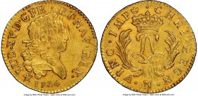 Louis XV gold Louis d'Or Mirliton 1724-N AU58 NGC, Montpellier mint, KM470.13, Gad-339 (R). Large palms variety. Well-struck with noticeable adjustmen...