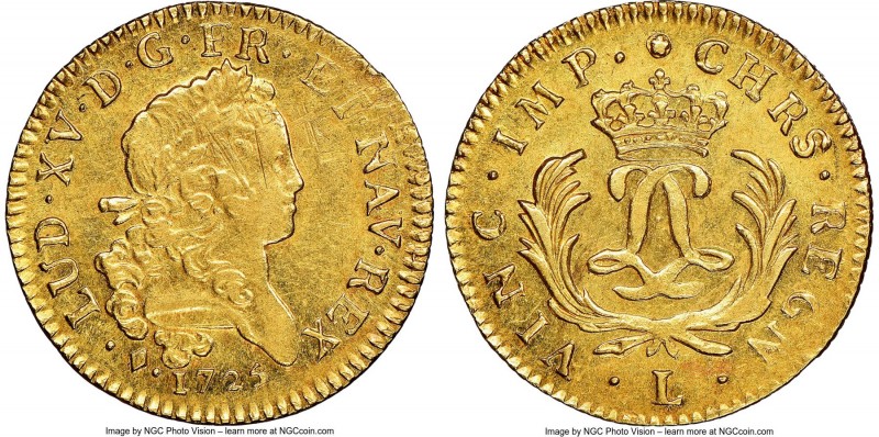 Louis XV gold Louis d'Or Mirliton 1725-L AU58 NGC, Bayonne mint, KM470.11, Gad-3...