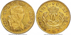 Louis XV gold Louis d'Or Mirliton 1725-L AU58 NGC, Bayonne mint, KM470.11, Gad-339 (R2), Breen-332 (Extremely Rare). Large palms variety. None of this...