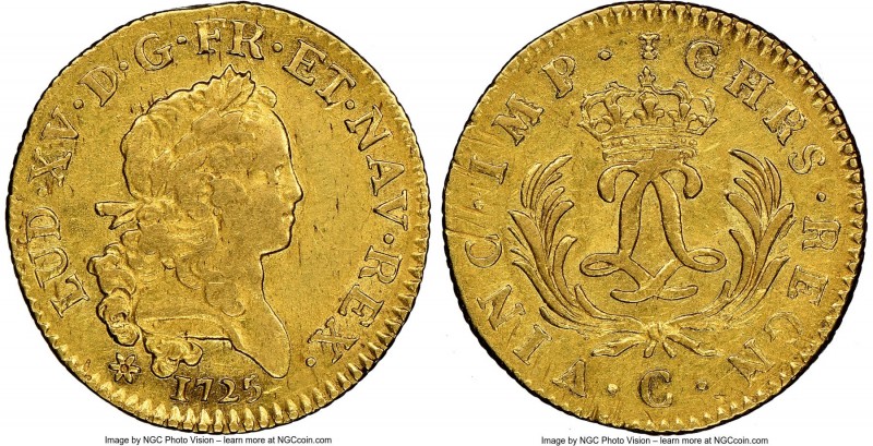Louis XV gold Louis d'Or Mirliton 1725-C AU53 NGC, Caen mint, KM470.4, Gad-339 (...