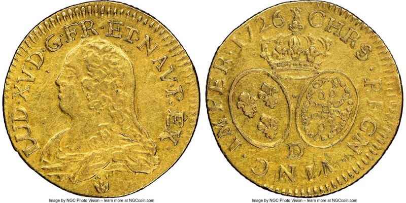 Louis XV gold Louis d'Or 1726-D AU53 NGC, Lyon mint, KM489.6, Gad-340. Light con...