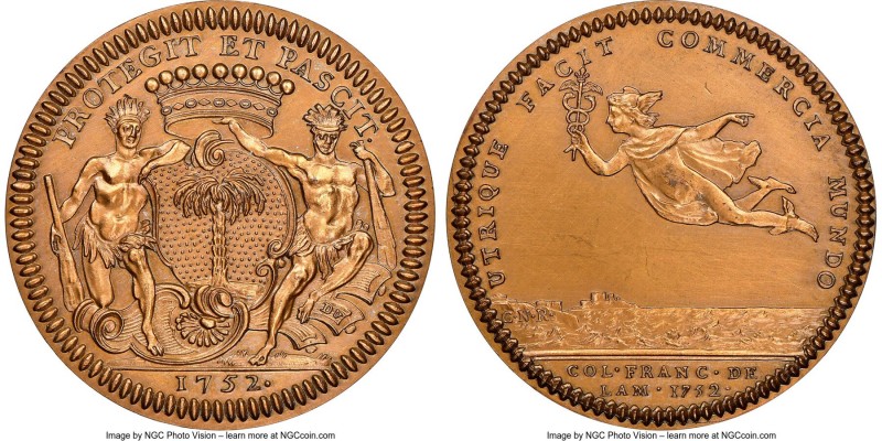 "Nantes-Port des Antilles" copper Restrike Franco-American Jeton 1752-Dated MS64...
