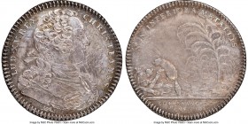 Louis XV silver Franco-American Jeton 1754-Dated AU53 NGC, Br-514, Lec-129. Reeded edge. Coin alignment. Short bust, with flat sleeve at bottom, signe...