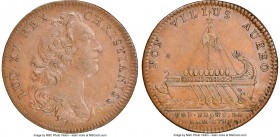Louis XV copper Franco-American Jeton 1755-Dated AU55 Brown NGC, Br-515, Lec-150. Plain edge. Coin alignment. Bare-headed bust right, in lion skin wit...