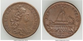 Louis XV copper Franco-American Jeton 1755-Dated AU, Br-515, Lec-150. 29mm. 7.32gm. Plain edge. Coin alignment. Sold with old collector envelope detai...