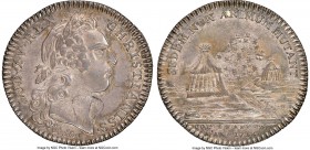 Louis XV silver Franco-American Jeton 1756-Dated AU58 NGC, Br-517, Lec-161. Reeded edge. Coin alignment. Laureate bust right, with script signature R....