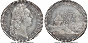 Louis XV silver Franco-American Jeton 1756-Dated AU58 NGC, Br-517, Lec-161. Reeded edge. Coin alignment. Laureate bust right, with script signature R....