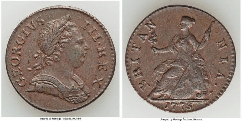 George III 1/2 Penny 1773 Good XF, KM601. 29mm. 10.31gm. Sold with old collector...