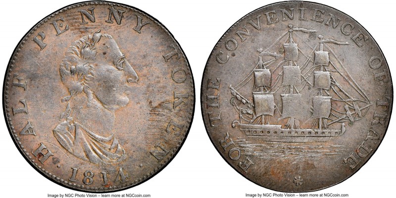 Nova Scotia copper "For the Convenience of Trade" 1/2 Penny Token 1814 AU55 Brow...
