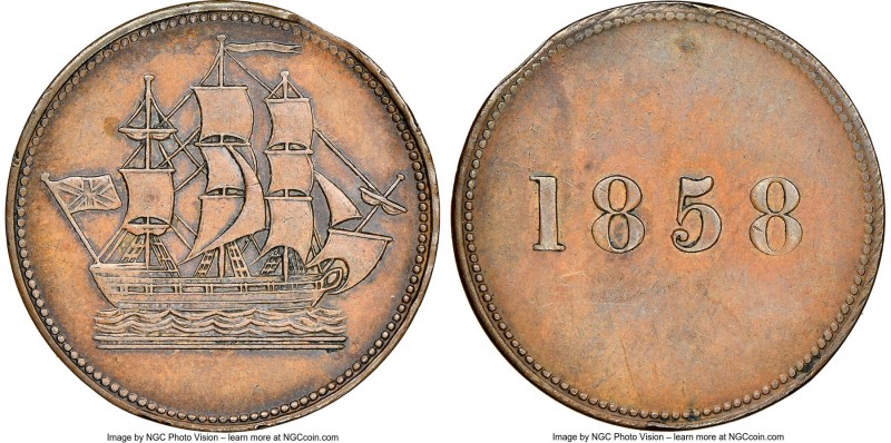 Newfoundland "Ship/1858" 1/2 Penny Token 1858 MS63 Brown NGC, Br-954, NF-3A. Pla...