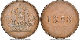 Newfoundland "Ship/1858" 1/2 Penny Token 1858 AU58 Brown NGC, Br-954, NF-3A. Plain edge. Medal alignment. A substantial conditional rarity, with the l...