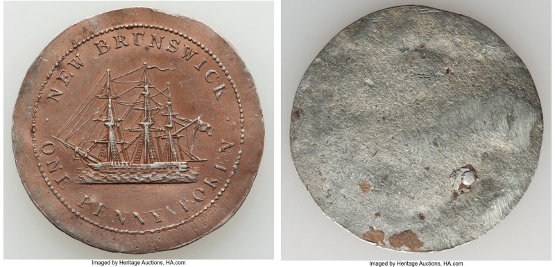 New Brunswick. Victoria "Bust/Ship" Penny Token Reverse Die Splash ND (1843) AU,...