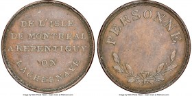 Lower Canada "Bout De L'Isle - Personne" Token ND (1808) AU50 Brown NGC, Br-541, BT-12. Plain edge. Coin alignment. Used to pay tolls for a trip begin...