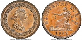 Lower Canada "Thomas Halliday" 1/2 Penny Token 1812 MS63 Brown NGC, Br-960, LC-46A3. Engrailed edge. Coin alignment. Four top leaves, four jeweled pin...