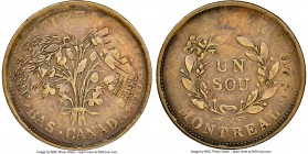 Lower Canada brass Overstruck "Bouquet" Sou Token ND (1835) XF45 NGC, Br-674, LC-40A10. Reeded edge. Medal alignment. Montreal issue. Struck over an 1...