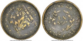 Lower Canada brass Overstruck "Bouquet" Sou Token ND (1835) VF Details (Bent) NGC, Br-674, LC-40A10. Reeded Edge. Medal alignment. Montreal issue. Var...