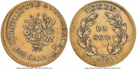 Lower Canada brass Original (?) "Bouquet" Sou Token ND (1863) AU Details (Reverse Scratched) NGC, Br-689, LC-43A1 (Doubtful), LeRoux-549 (R10). Reeded...