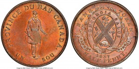 Lower Canada. Bank of Montreal "Habitant" 1/2 Penny Token 1837 MS65 Red and Brown NGC, Br-522, LC-8D1. Plain edge. Medal alignment. "V" and "I" in lin...