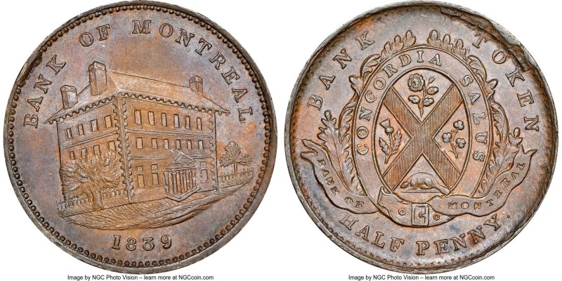 Lower Canada. Bank of Montreal copper "Side View" 1/2 Penny Token 1839 MS62 Brow...