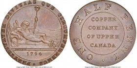 Copper Co. of Upper Canada copper Proof Restrike 1/2 Penny Token 1794 PR65 Brown NGC, Br-721, PF-5C. Plain edge. Medal alignment. Restrike, with oval ...