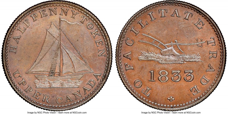 Upper Canada "Plow/Sloop" 1/2 Penny Token 1833 MS63 Brown NGC, Br-730, UC-12B2. ...