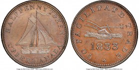 Upper Canada "Plow/Sloop" 1/2 Penny Token 1833 MS63 Brown NGC, Br-730, UC-12B2. Reeded edge. Coin alignment. Variety with bowsprit pointing above last...