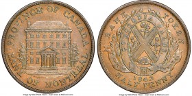 Province of Canada. Bank of Montreal "Front View" 1/2 Penny Token 1842 AU58 Brown NGC, Br-527, PC-1A2. Plain edge. Medal alignment. Medium/Heavy trees...