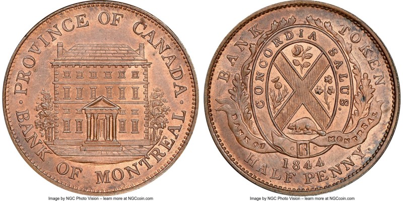 Province of Canada. Bank of Montreal "Front View" 1/2 Penny Token 1844 MS65 Red ...