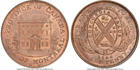 Province of Canada. Bank of Montreal "Front View" 1/2 Penny Token 1844 MS65 Red and Brown NGC, Br-527, PC-1B3. Plain edge. Medal alignment. Medium/Hea...