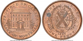 Province of Canada. Bank of Montreal/City Bank Mule "Front View" Penny 1837-Dated (1842) MS63 Red and Brown NGC, Br-526, PC-2A1. Plain edge. Medal ali...